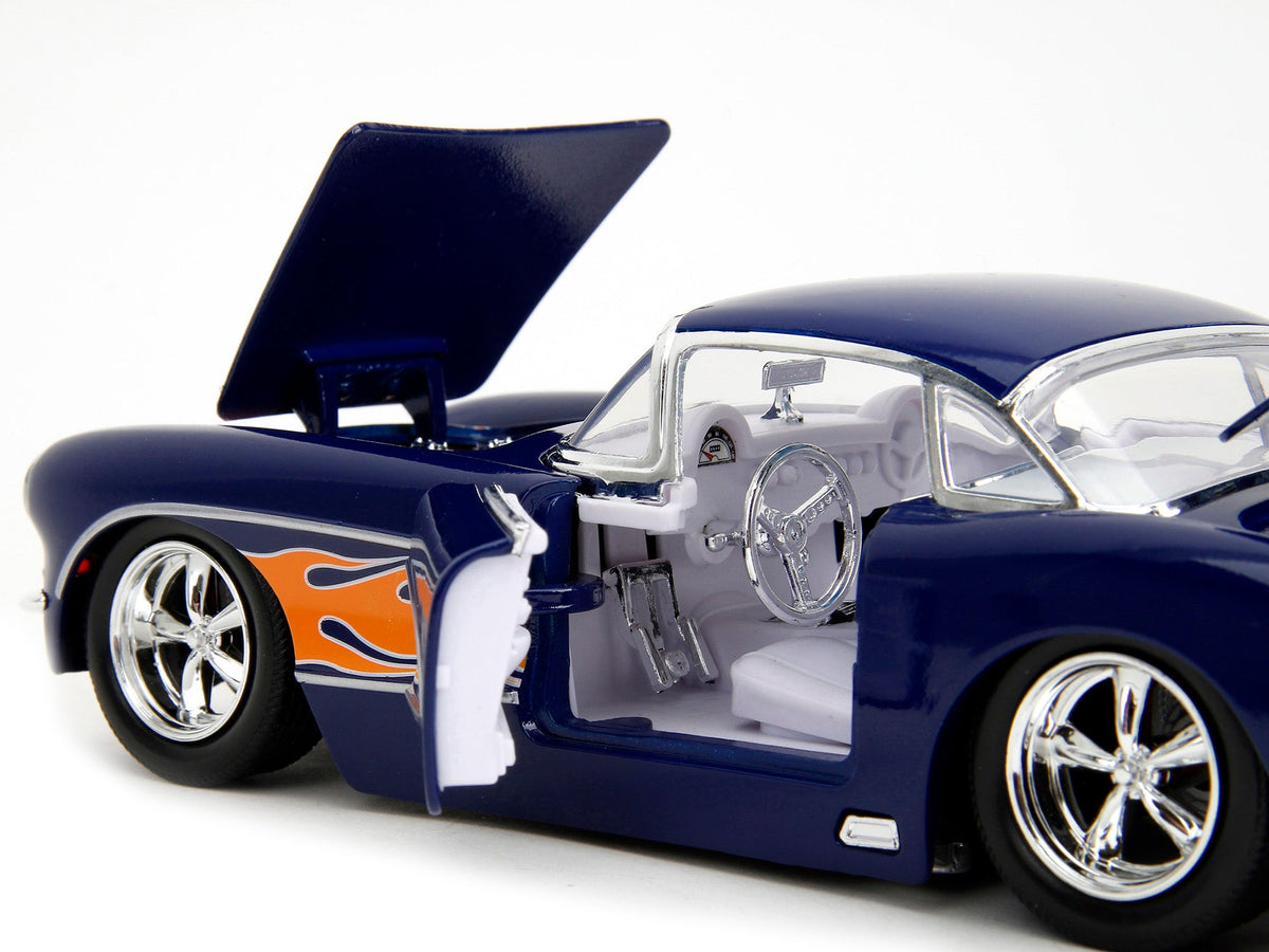 1957 Chevrolet Corvette Dark Blue with Flame Graphics and White Interior "Bigtime Muscle" Series 1/24 Diecast Model Car by Jada-Jada-ModelCars.com