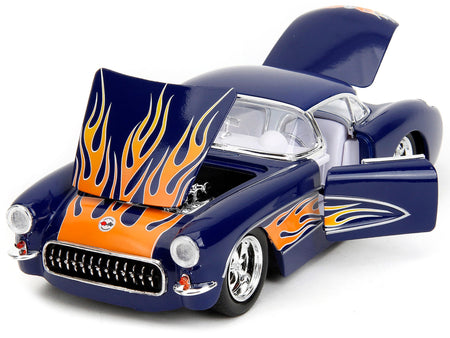 1957 Chevrolet Corvette Dark Blue with Flame Graphics and White Interior "Bigtime Muscle" Series 1/24 Diecast Model Car by Jada-Jada-ModelCars.com