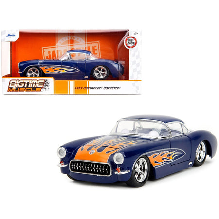 1957 Chevrolet Corvette Dark Blue with Flame Graphics and White Interior "Bigtime Muscle" Series 1/24 Diecast Model Car by Jada-Jada-ModelCars.com