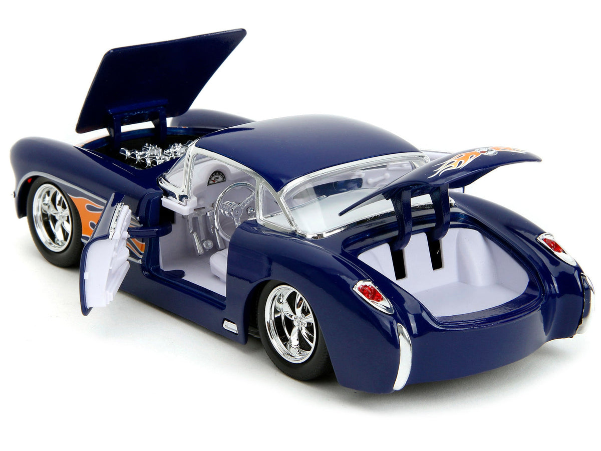 1957 Chevrolet Corvette Dark Blue with Flame Graphics and White Interior "Bigtime Muscle" Series 1/24 Diecast Model Car by Jada-Jada-ModelCars.com