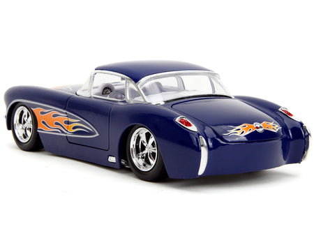 1957 Chevrolet Corvette Dark Blue with Flame Graphics and White Interior "Bigtime Muscle" Series 1/24 Diecast Model Car by Jada-Jada-ModelCars.com