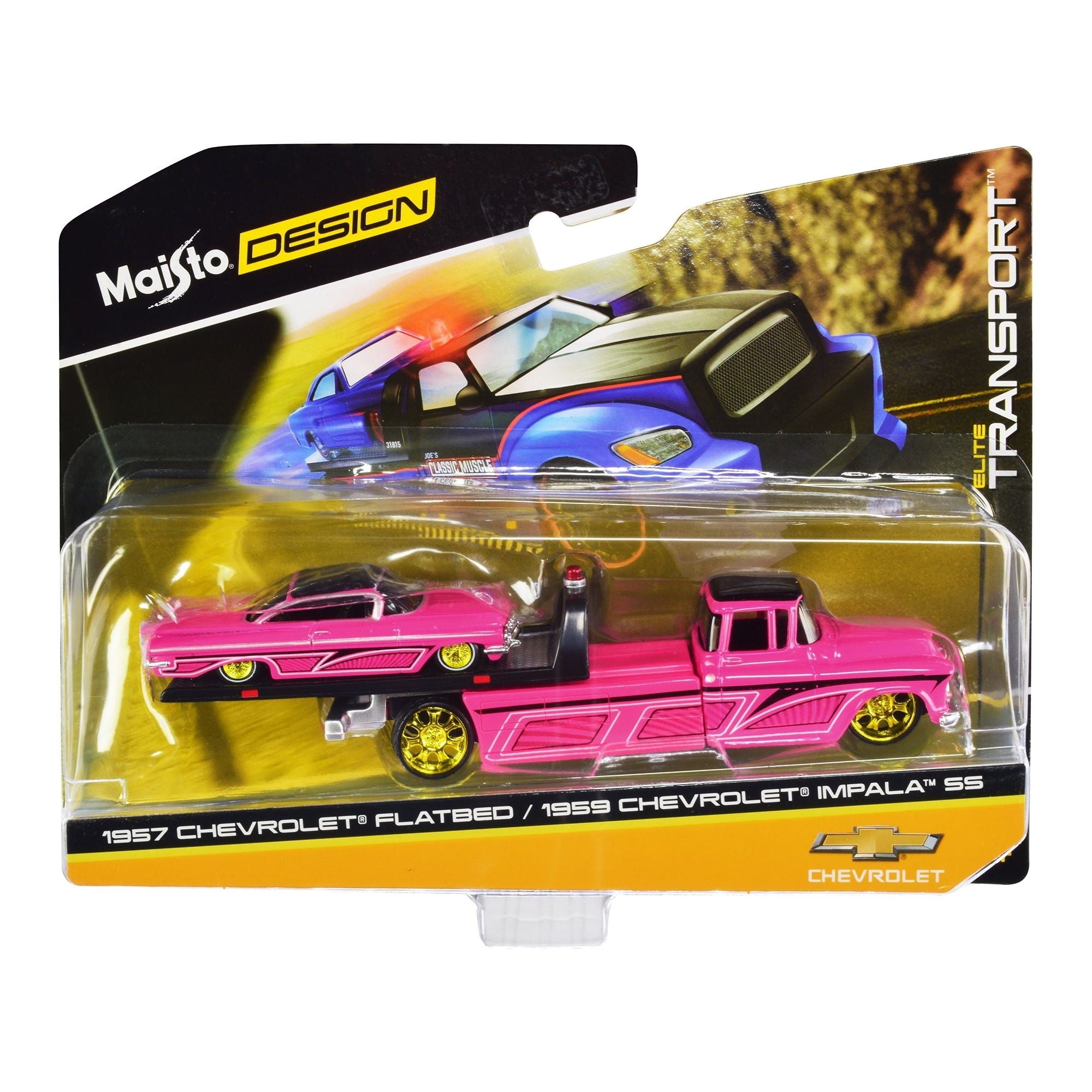 1957 Chevrolet Flatbed Truck and 1959 Chevrolet Impala SS Hot Pink with Black Top and Graphics "Elite Transport" Series 1/64 Diecast Models by Maisto - Maisto - ModelCars.com