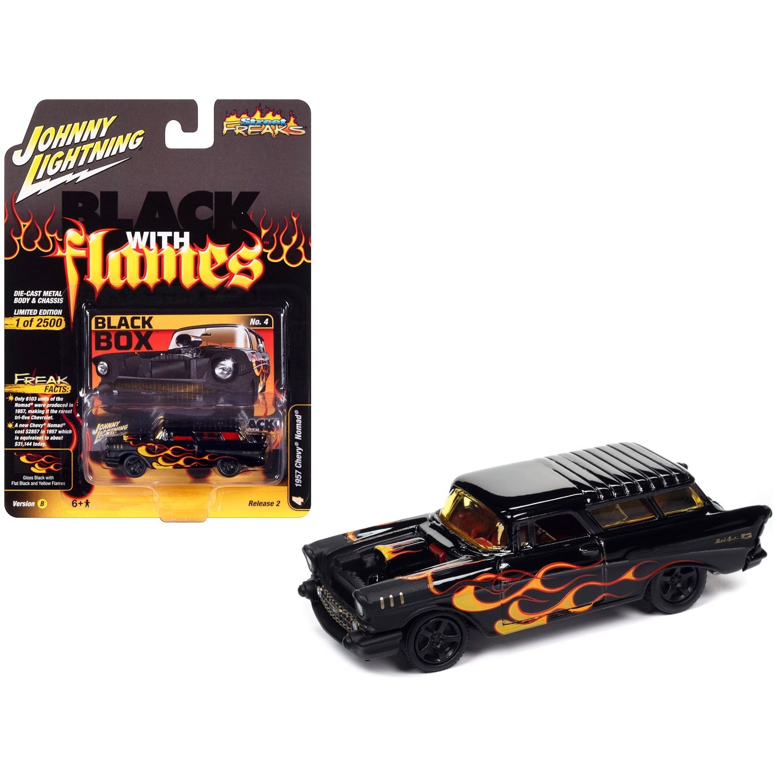 1957 Chevrolet Nomad "Black Box" Black with Red and Yellow Flames "Black with Flames" Limited Edition to 2500 pieces Worldwide "Street Freaks" Series 1/64 Diecast Model Car by Johnny Lightning - Johnny Lightning - ModelCars.com