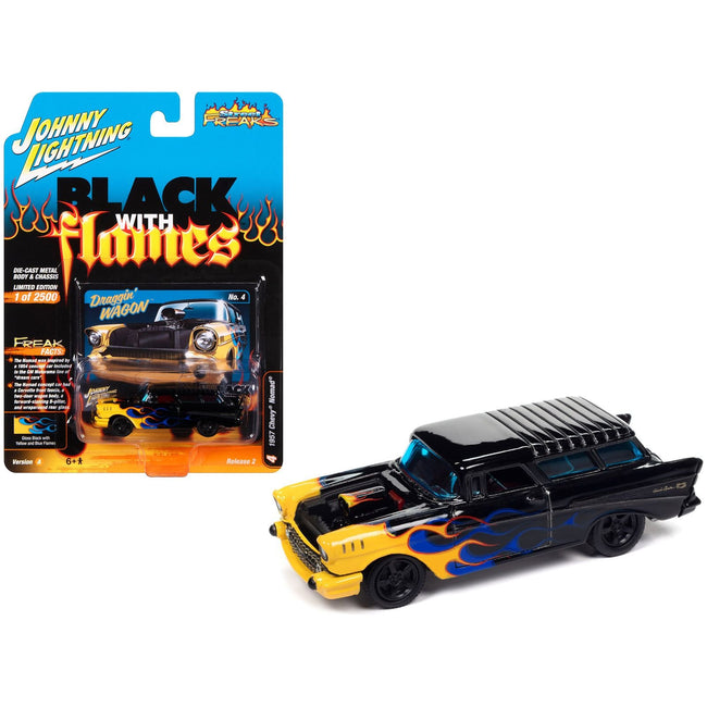 1957 Chevrolet Nomad "Draggin' Wagon" Black with Blue and Yellow Flames "Black with Flames" Limited Edition to 2500 pieces Worldwide "Street Freaks" Series 1/64 Diecast Model Car by Johnny Lightning - Johnny Lightning - ModelCars.com