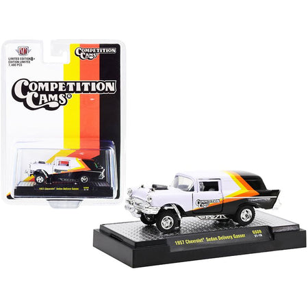 1957 Chevrolet Sedan Delivery Gasser "Competition Cams" White and Black with Yellow and Orange Stripes Limited Edition to 7480 pieces Worldwide 1/64 Diecast Model Car by M2 Machines-M2-ModelCars.com