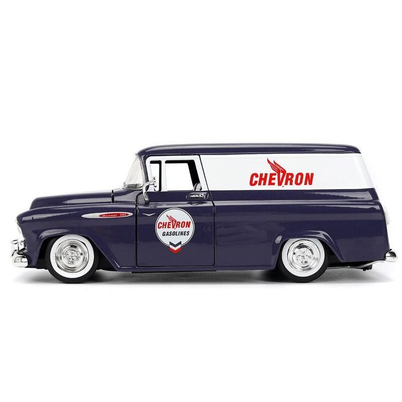 1957 Chevrolet Suburban "Chevron" Dark Blue with White Stripes and Chevron Gas Pump "Just Trucks" Series 1/24 Diecast Model Car by Jada-Jada-ModelCars.com