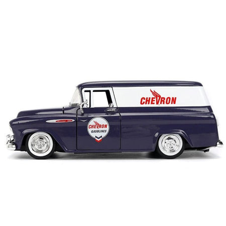 1957 Chevrolet Suburban "Chevron" Dark Blue with White Stripes and Chevron Gas Pump "Just Trucks" Series 1/24 Diecast Model Car by Jada-Jada-ModelCars.com