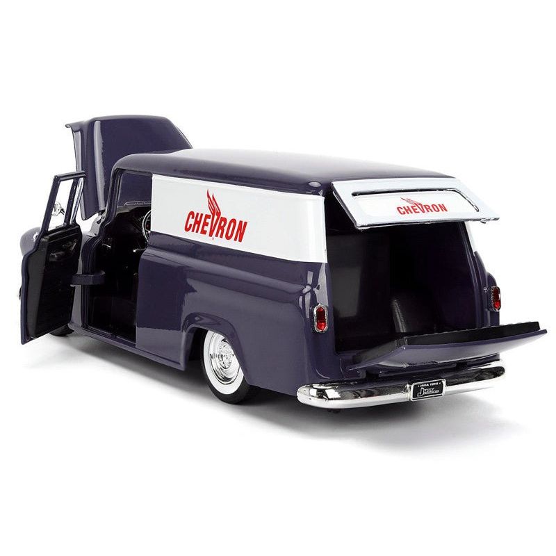 1957 Chevrolet Suburban "Chevron" Dark Blue with White Stripes and Chevron Gas Pump "Just Trucks" Series 1/24 Diecast Model Car by Jada-Jada-ModelCars.com