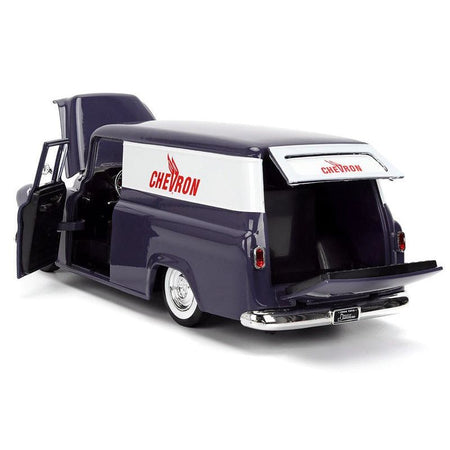 1957 Chevrolet Suburban "Chevron" Dark Blue with White Stripes and Chevron Gas Pump "Just Trucks" Series 1/24 Diecast Model Car by Jada-Jada-ModelCars.com