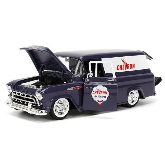 1957 Chevrolet Suburban "Chevron" Dark Blue with White Stripes and Chevron Gas Pump "Just Trucks" Series 1/24 Diecast Model Car by Jada-Jada-ModelCars.com