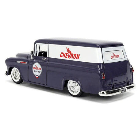 1957 Chevrolet Suburban "Chevron" Dark Blue with White Stripes and Chevron Gas Pump "Just Trucks" Series 1/24 Diecast Model Car by Jada-Jada-ModelCars.com