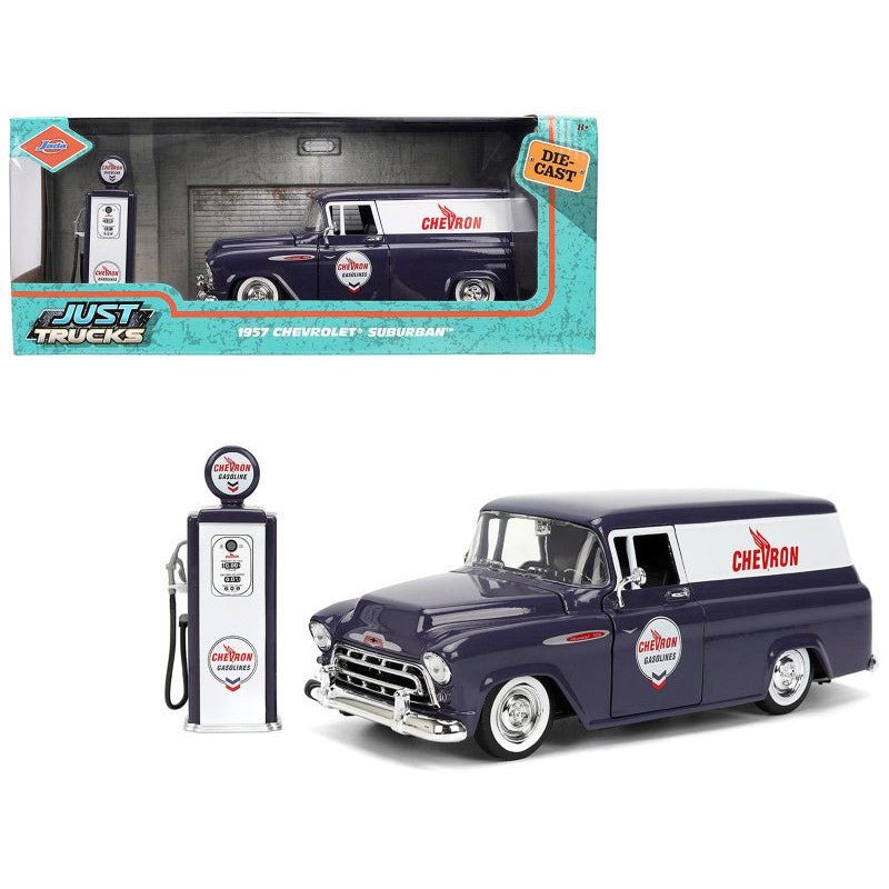 1957 Chevrolet Suburban "Chevron" Dark Blue with White Stripes and Chevron Gas Pump "Just Trucks" Series 1/24 Diecast Model Car by Jada-Jada-ModelCars.com