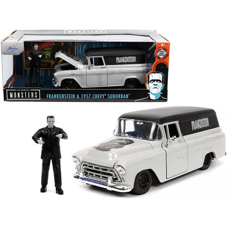 1957 Chevrolet Suburban Gray and Black with Graphics and Frankenstein Diecast Figurine "Universal Monsters" "Hollywood Rides" Series 1/24 Diecast Model Car by Jada-Jada-ModelCars.com