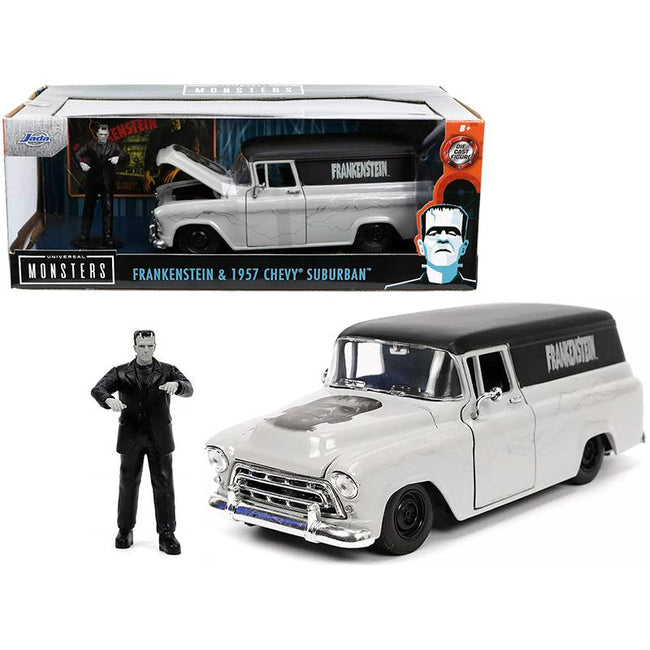 1957 Chevrolet Suburban Gray and Black with Graphics and Frankenstein Diecast Figurine "Universal Monsters" "Hollywood Rides" Series 1/24 Diecast Model Car by Jada-Jada-ModelCars.com