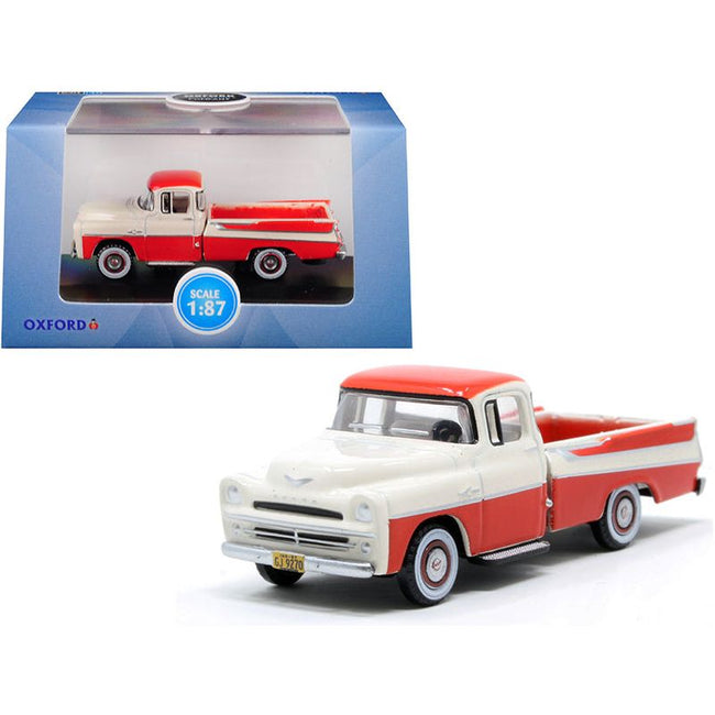1957 Dodge D100 Sweptside Pickup Truck Tropical Coral and Glacier White 1/87 (HO) Scale Diecast Model Car by Oxford Diecast - Oxford Diecast - ModelCars.com