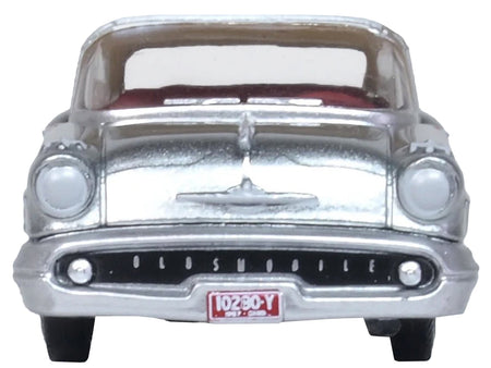 1957 Oldsmobile 88 Convertible (Top-Up) Juneau Gray with White Top and Red Interior 1/87 (HO) Scale Diecast Model Car by Oxford Diecast-Oxford Diecast-ModelCars.com