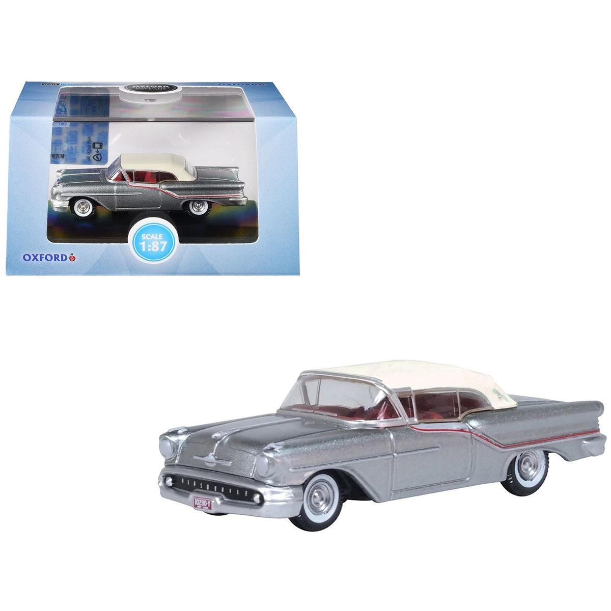 1957 Oldsmobile 88 Convertible (Top-Up) Juneau Gray with White Top and Red Interior 1/87 (HO) Scale Diecast Model Car by Oxford Diecast-Oxford Diecast-ModelCars.com