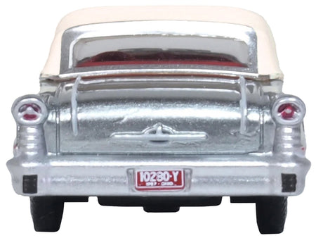 1957 Oldsmobile 88 Convertible (Top-Up) Juneau Gray with White Top and Red Interior 1/87 (HO) Scale Diecast Model Car by Oxford Diecast-Oxford Diecast-ModelCars.com