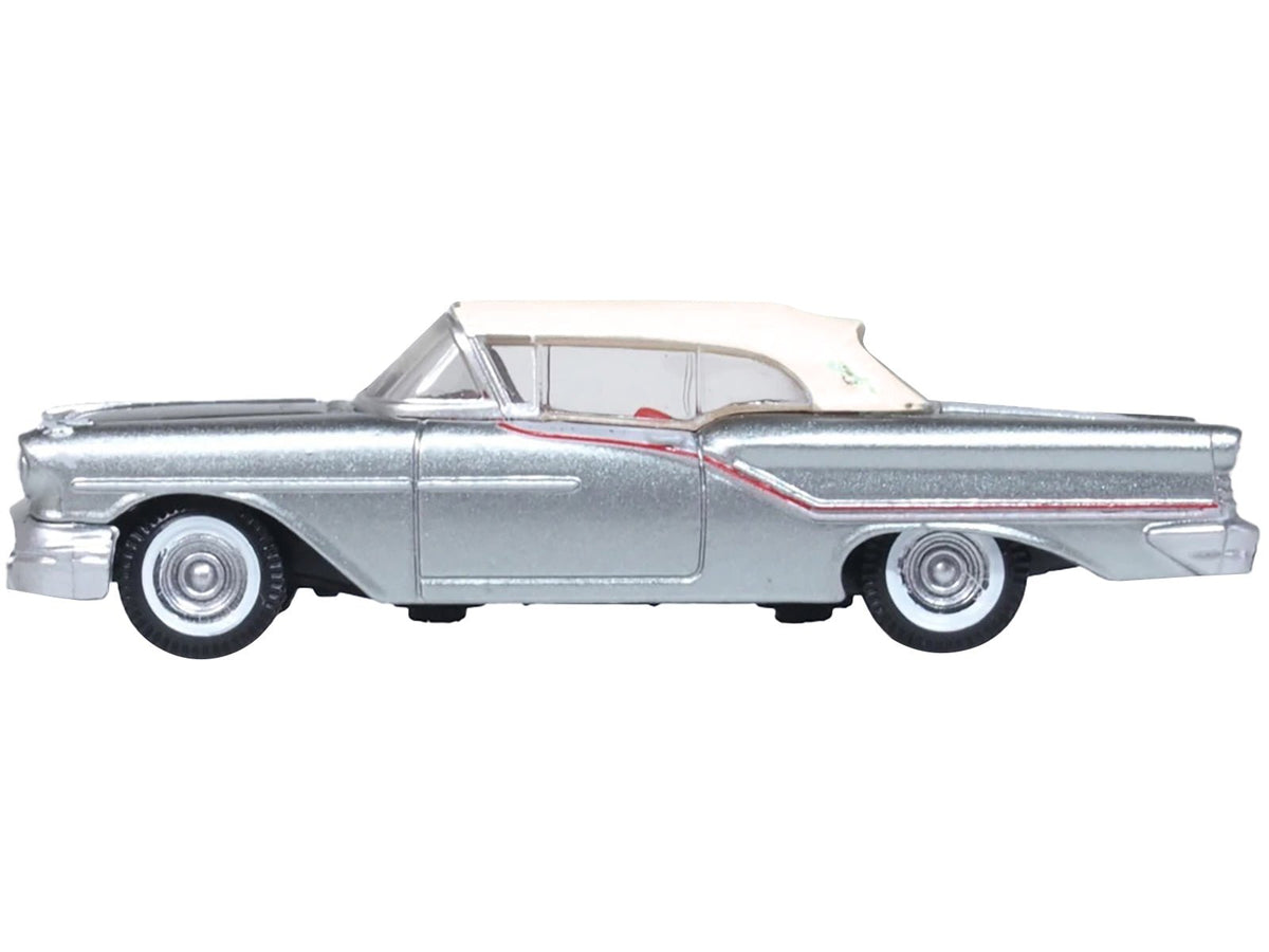 1957 Oldsmobile 88 Convertible (Top-Up) Juneau Gray with White Top and Red Interior 1/87 (HO) Scale Diecast Model Car by Oxford Diecast-Oxford Diecast-ModelCars.com