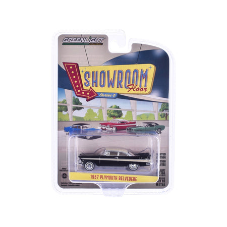 1957 Plymouth Belvedere Jet Black with Sand Dune White Top and Stripes "Showroom Floor" Series 6 1/64 Diecast Model Car by Greenlight-Greenlight-ModelCars.com