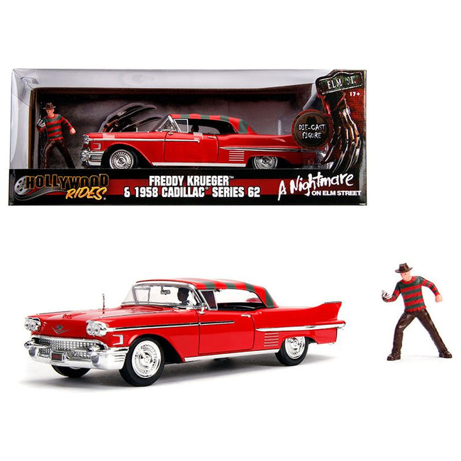 1958 Cadillac Series 62 Red with Freddy Krueger Diecast Figurine "A Nightmare on Elm Street" Movie 1/24 Diecast Model Car by Jada-Jada-ModelCars.com