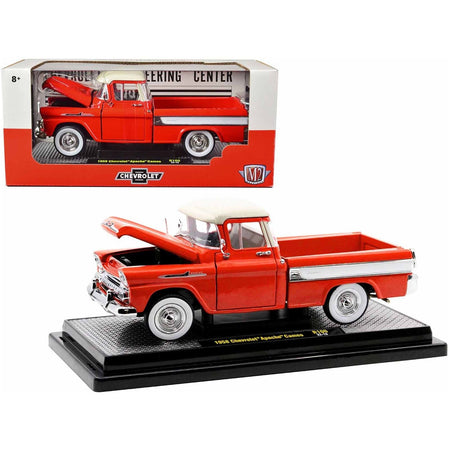 1958 Chevrolet Apache Cameo Pickup Truck Cardinal Red with Wimbledon White Top Limited Edition to 6550 pieces Worldwide 1/24 Diecast Model Car by M2 Machines-M2-ModelCars.com