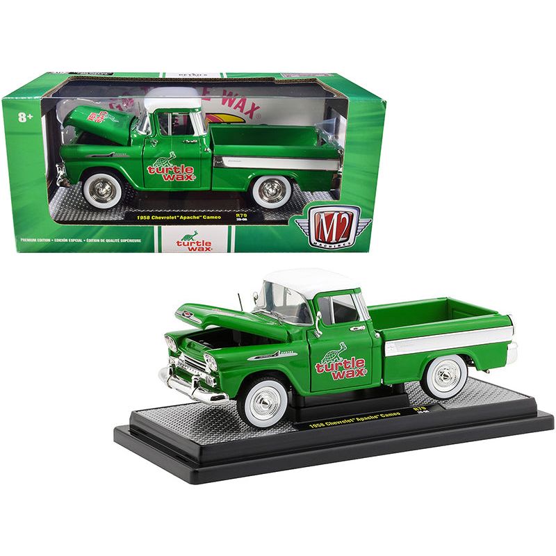 1958 Chevrolet Apache Cameo Pickup Truck Green with White Top and White Stripes "Turtle Wax" Limited Edition to 6880 pieces Worldwide 1/24 Diecast Model Car by M2 Machines-M2-ModelCars.com