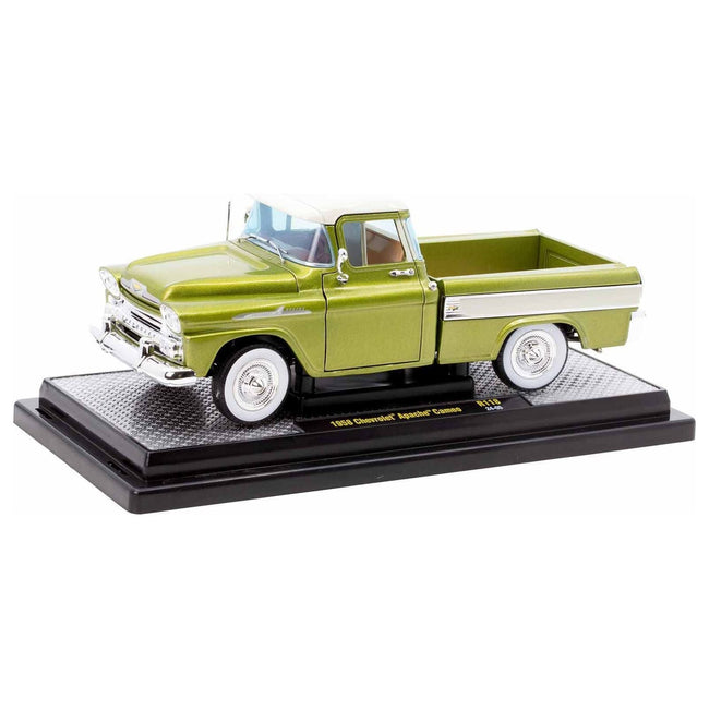 1958 Chevrolet Apache Cameo Pickup Truck Olive Green Metallic with Wimbledon White Top Limited Edition to 6250 pieces Worldwide 1/24 Diecast Model Car by M2 Machines-M2-ModelCars.com