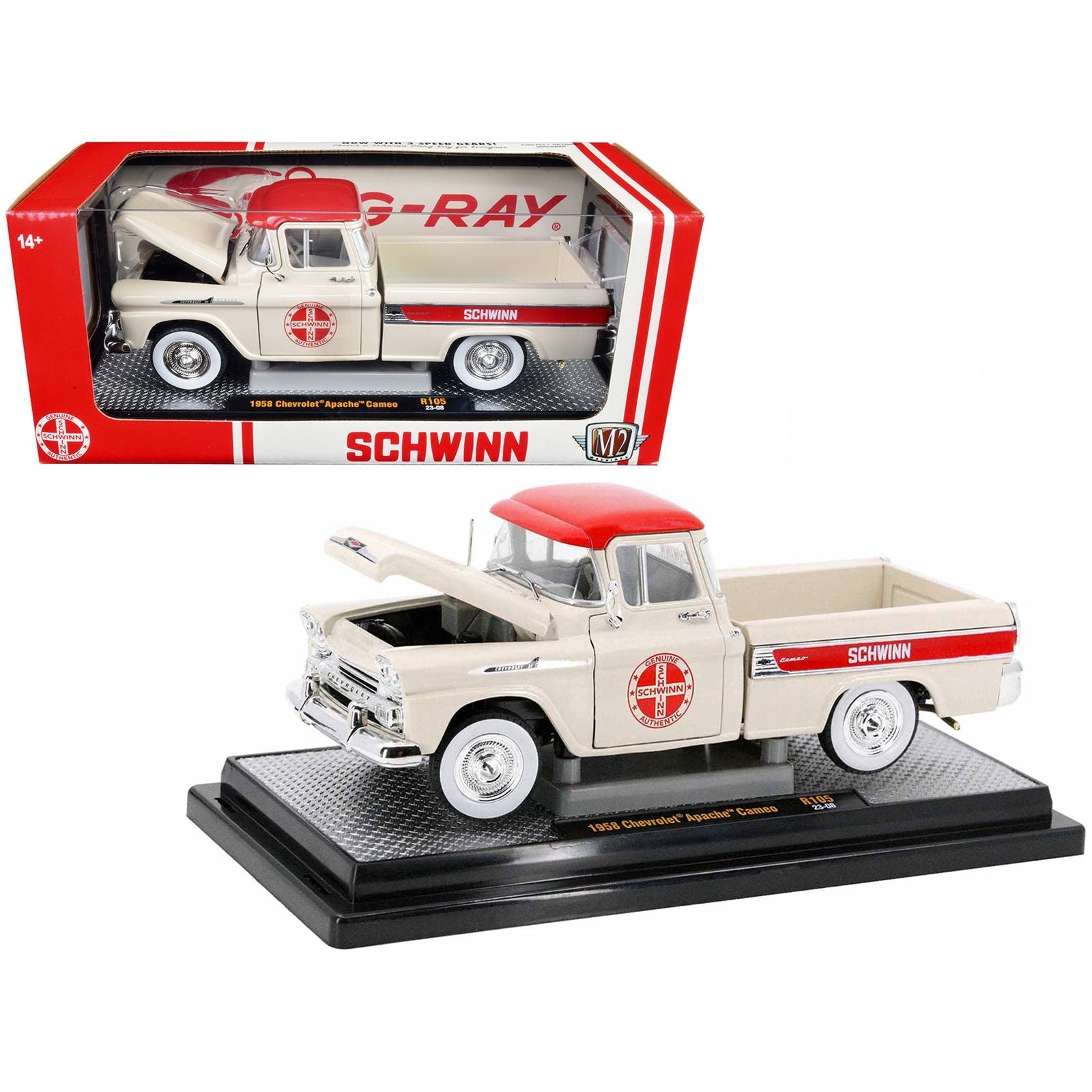 1958 Chevrolet Apache Cameo Pickup Truck Wimbledon White with Red Top "Schwinn" Limited Edition to 6550 pieces Worldwide 1/24 Diecast Model Car by M2 Machines - M2 - ModelCars.com