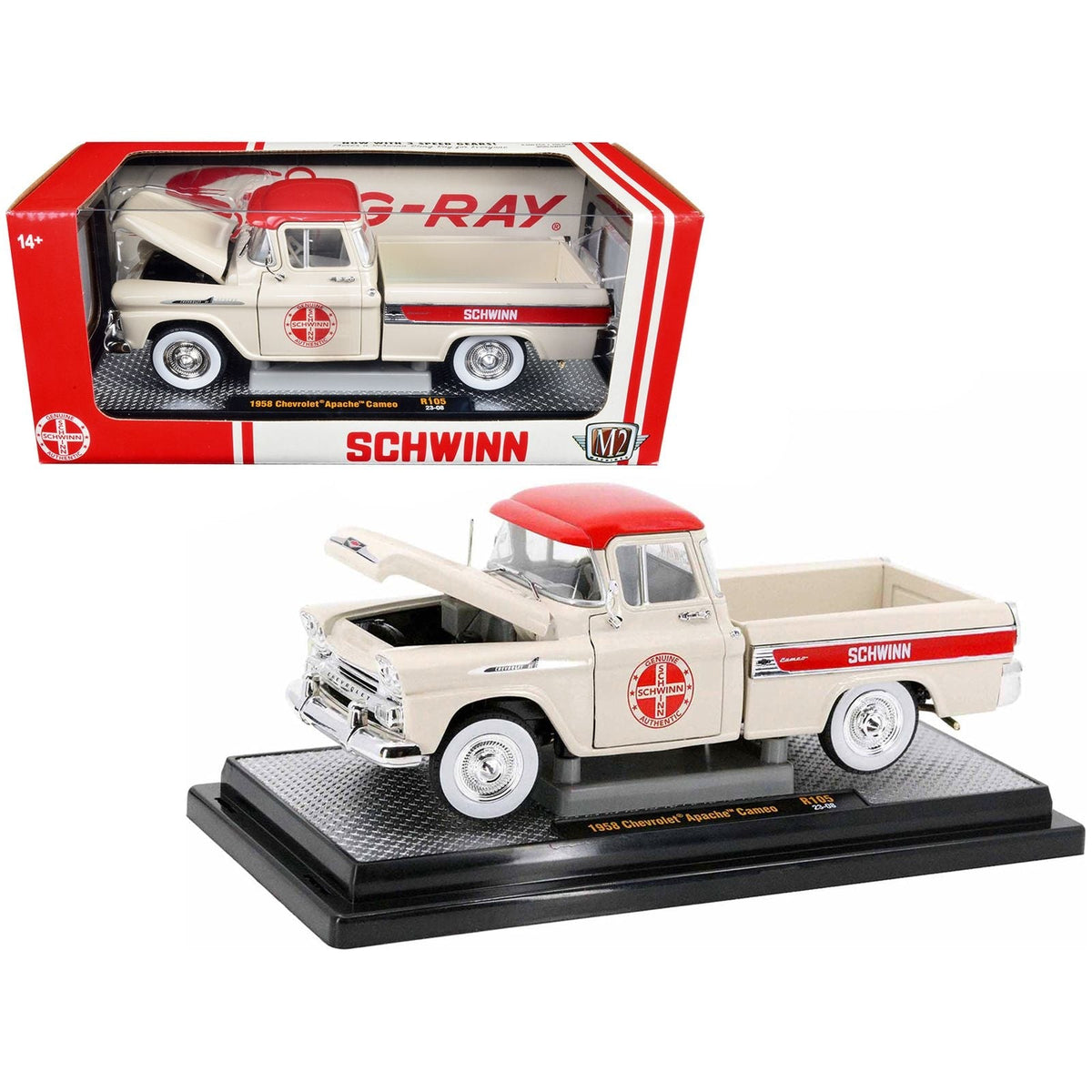 1958 Chevrolet Apache Cameo Pickup Truck Wimbledon White with Red Top "Schwinn" Limited Edition to 6550 pieces Worldwide 1/24 Diecast Model Car by M2 Machines-M2-ModelCars.com