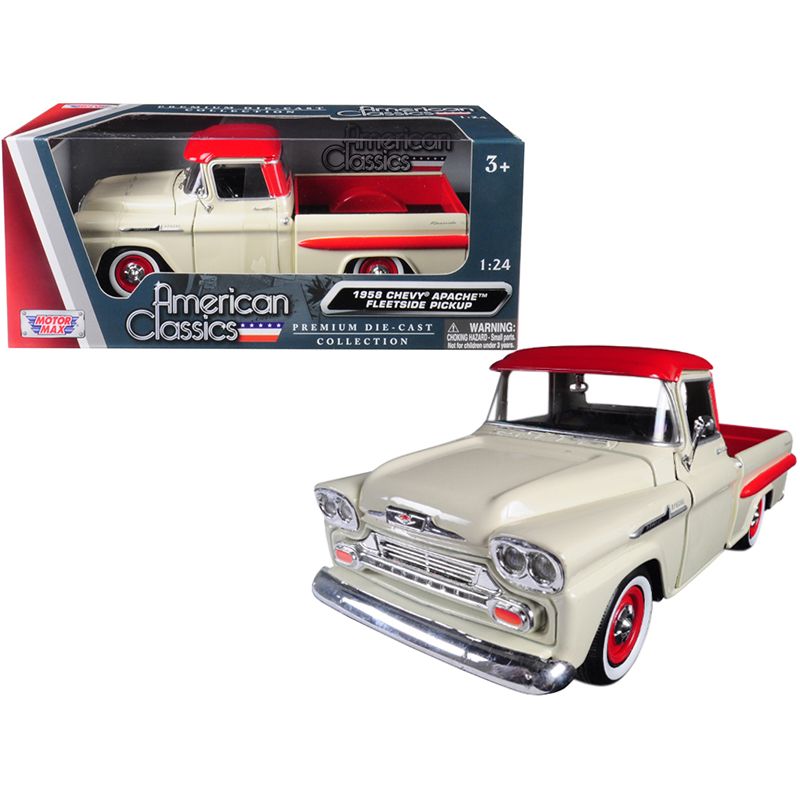 1958 Chevrolet Apache Fleetside Pickup Truck Cream with Red Top 1/24 Diecast Model Car by Motormax-Motormax-ModelCars.com