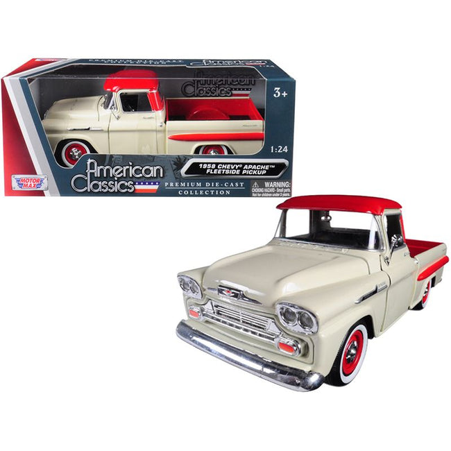 1958 Chevrolet Apache Fleetside Pickup Truck Cream with Red Top 1/24 Diecast Model Car by Motormax-Motormax-ModelCars.com