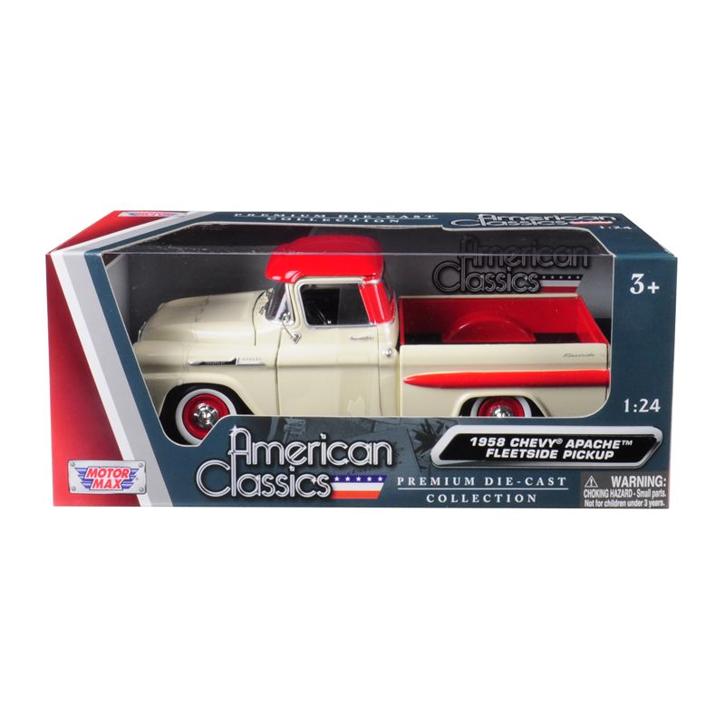 1958 Chevrolet Apache Fleetside Pickup Truck Cream with Red Top 1/24 Diecast Model Car by Motormax-Motormax-ModelCars.com