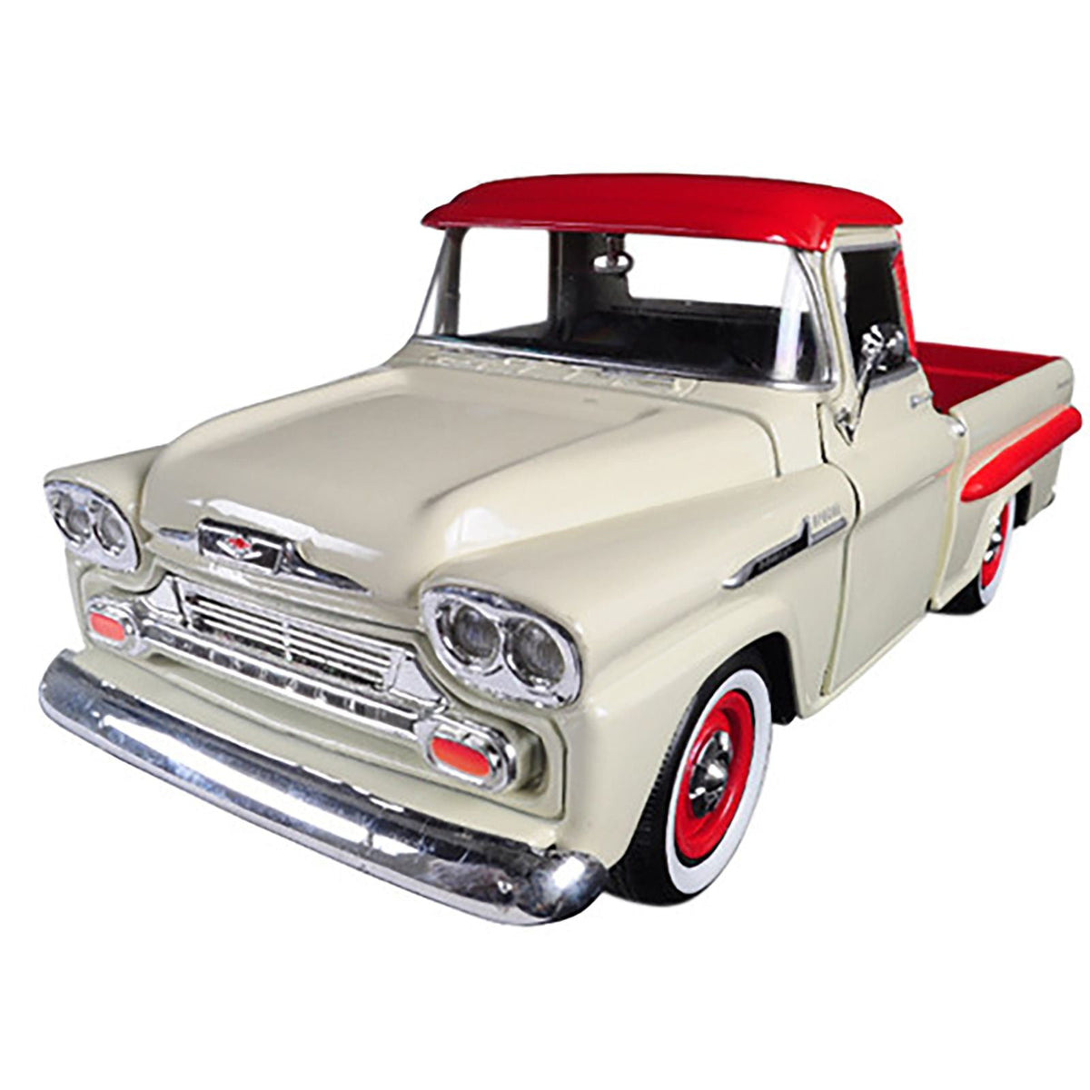 1958 Chevrolet Apache Fleetside Pickup Truck Cream with Red Top 1/24 Diecast Model Car by Motormax-Motormax-ModelCars.com