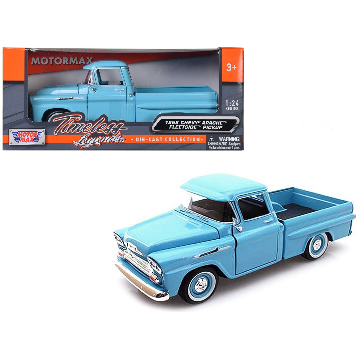 1958 Chevrolet Apache Fleetside Pickup Truck Light Blue 1/24 Diecast Model Car by Motormax - Motormax - ModelCars.com