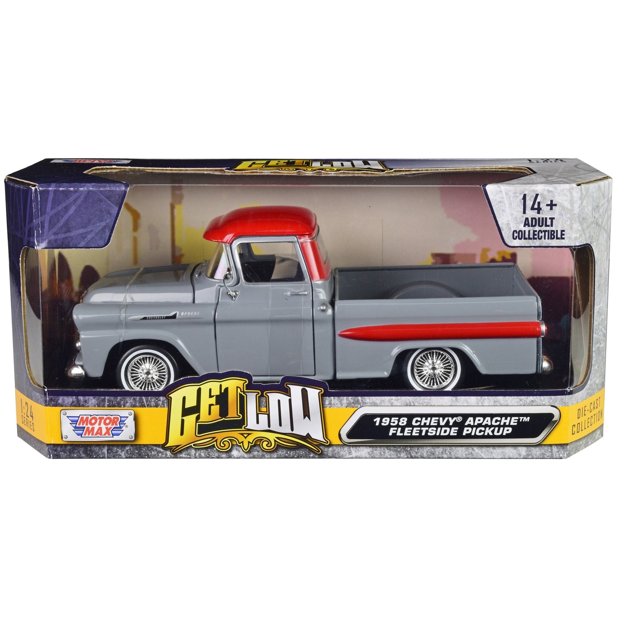 1958 Chevrolet Apache Fleetside Pickup Truck Lowrider Gray with Red Top "Get Low" Series 1/24 Diecast Model Car by Motormax - Motormax - ModelCars.com
