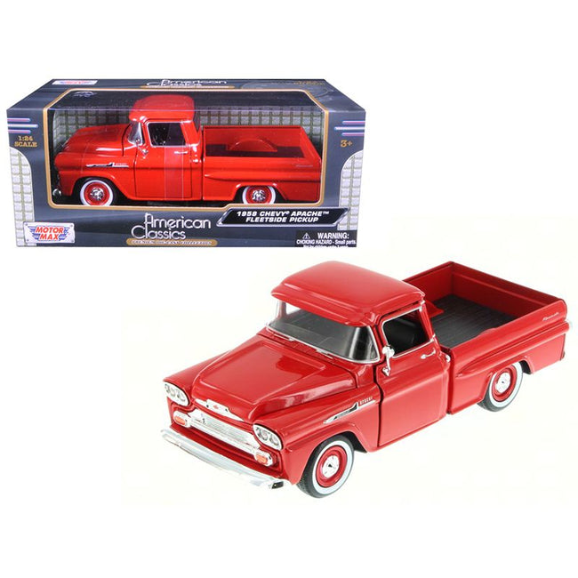 1958 Chevrolet Apache Fleetside Pickup Truck Red 1/24 Diecast Model Car by Motormax-Motormax-ModelCars.com