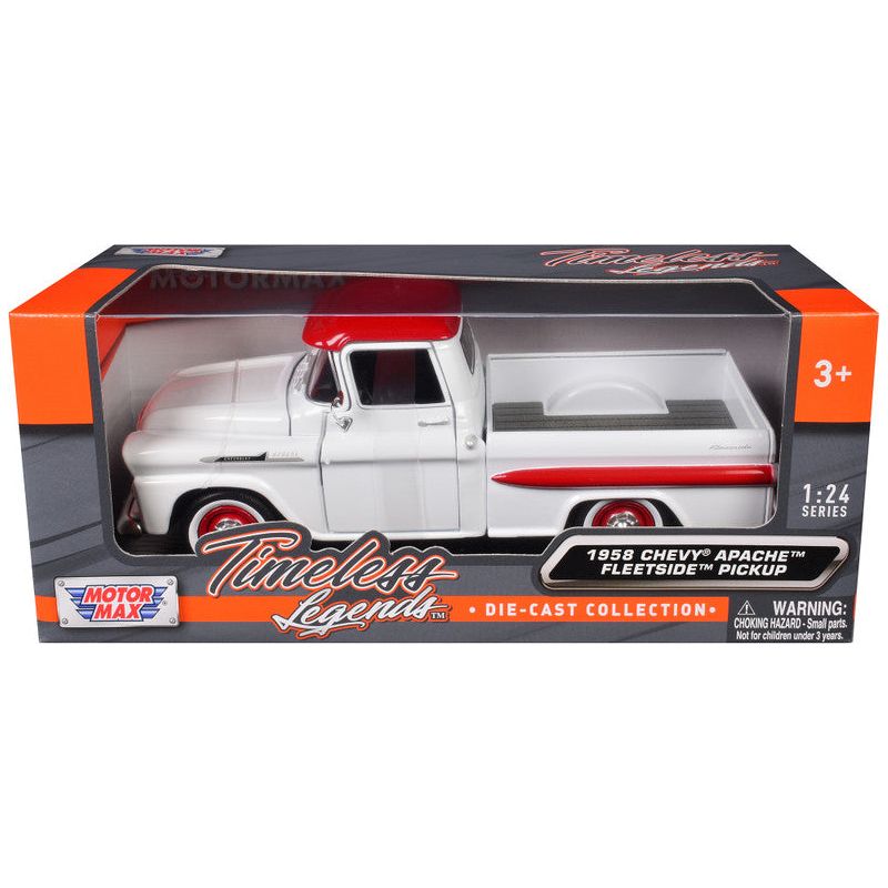 1958 Chevrolet Apache Fleetside Pickup Truck White with Red Top "Timeless Legends" Series 1/24 Diecast Model Car by Motormax-Motormax-ModelCars.com