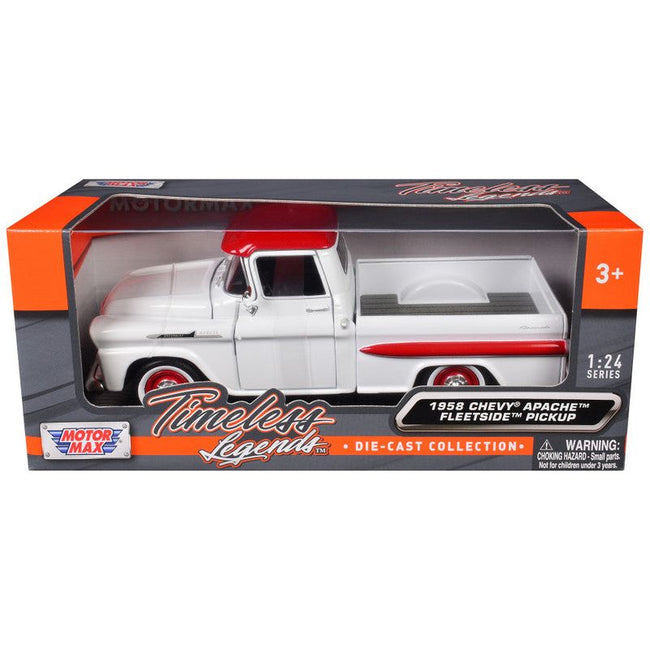 1958 Chevrolet Apache Fleetside Pickup Truck White with Red Top "Timeless Legends" Series 1/24 Diecast Model Car by Motormax-Motormax-ModelCars.com