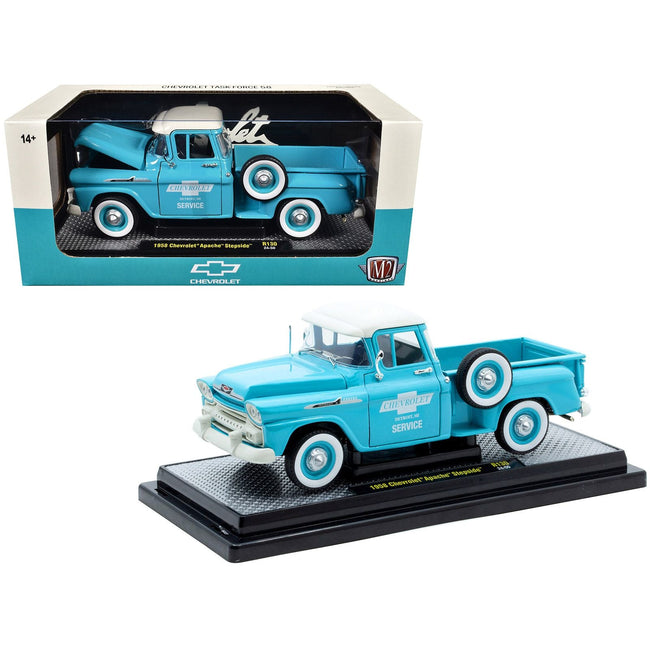 1958 Chevrolet Apache Stepside Pickup Truck "Chevrolet Service" Light Blue with White Top Limited Edition to 6650 pieces Worldwide 1/24 Diecast Model Car by M2 Machines-M2-ModelCars.com