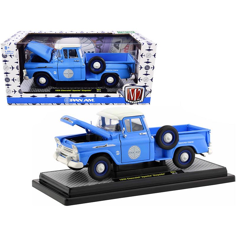 1958 Chevrolet Apache Stepside Pickup Truck "Pan Am" Ground Crew Light Blue with White Top Limited Edition to 6880 pieces Worldwide 1/24 Diecast Model Car by M2 Machines-M2-ModelCars.com