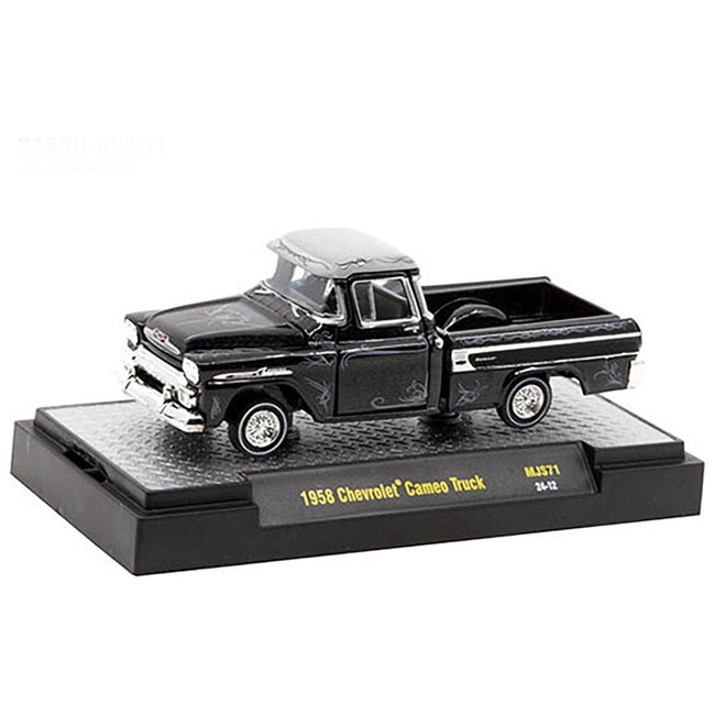 1958 Chevrolet Cameo Pickup Truck Black Metallic with Graphics and Gray Top "Lowriders" Limited Edition to 5500 pieces Worldwide 1/64 Diecast Model Car by M2 Machines-M2-ModelCars.com