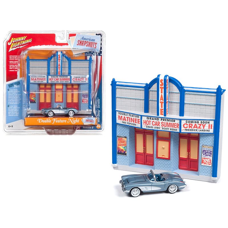 1958 Chevrolet Corvette Convertible Blue and Resin Movie Theater Facade "Double Feature Night" 1/64 Diecast Model by Johnny Lightning-Johnny Lightning-ModelCars.com