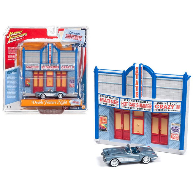 1958 Chevrolet Corvette Convertible Blue and Resin Movie Theater Facade "Double Feature Night" 1/64 Diecast Model by Johnny Lightning-Johnny Lightning-ModelCars.com