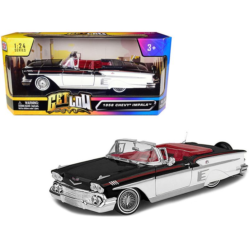 1958 Chevrolet Impala Convertible Lowrider Black and White with Red Interior "Get Low" Series 1/24 Diecast Model Car by Motormax - Motormax - ModelCars.com