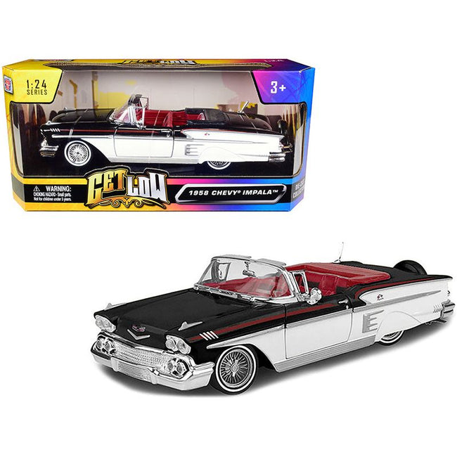1958 Chevrolet Impala Convertible Lowrider Black and White with Red Interior "Get Low" Series 1/24 Diecast Model Car by Motormax - Motormax - ModelCars.com