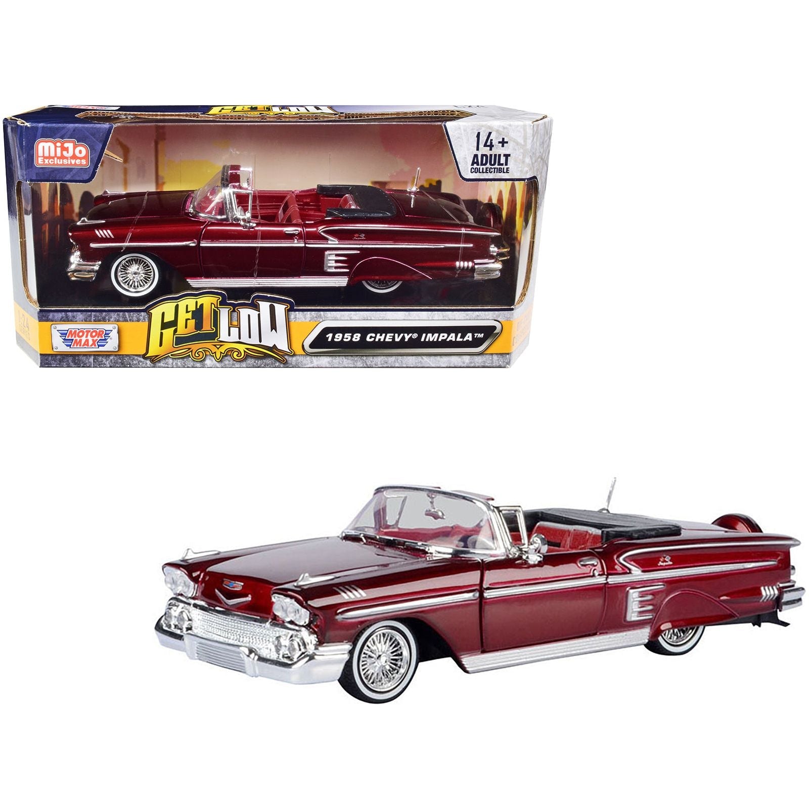 1958 Chevrolet Impala Convertible Lowrider Dark Red Metallic with Red Interior "Get Low" Series 1/24 Diecast Model Car by Motormax - Motormax - ModelCars.com