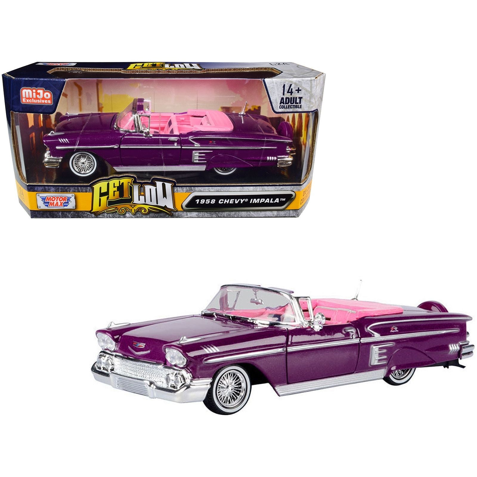 1958 Chevrolet Impala Convertible Lowrider Purple Metallic with Pink Interior "Get Low" Series 1/24 Diecast Model Car by Motormax - Motormax - ModelCars.com