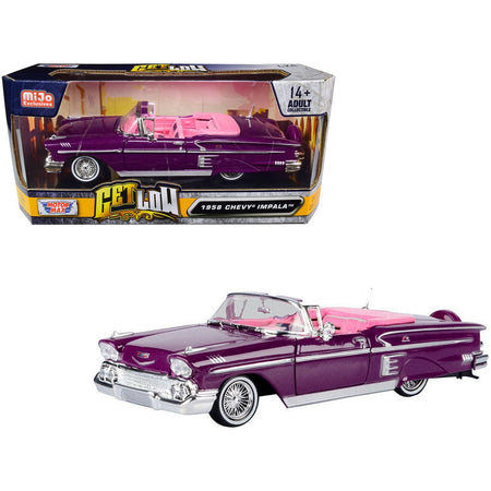 1958 Chevrolet Impala Convertible Lowrider Purple Metallic with Pink Interior "Get Low" Series 1/24 Diecast Model Car by Motormax - Motormax - ModelCars.com
