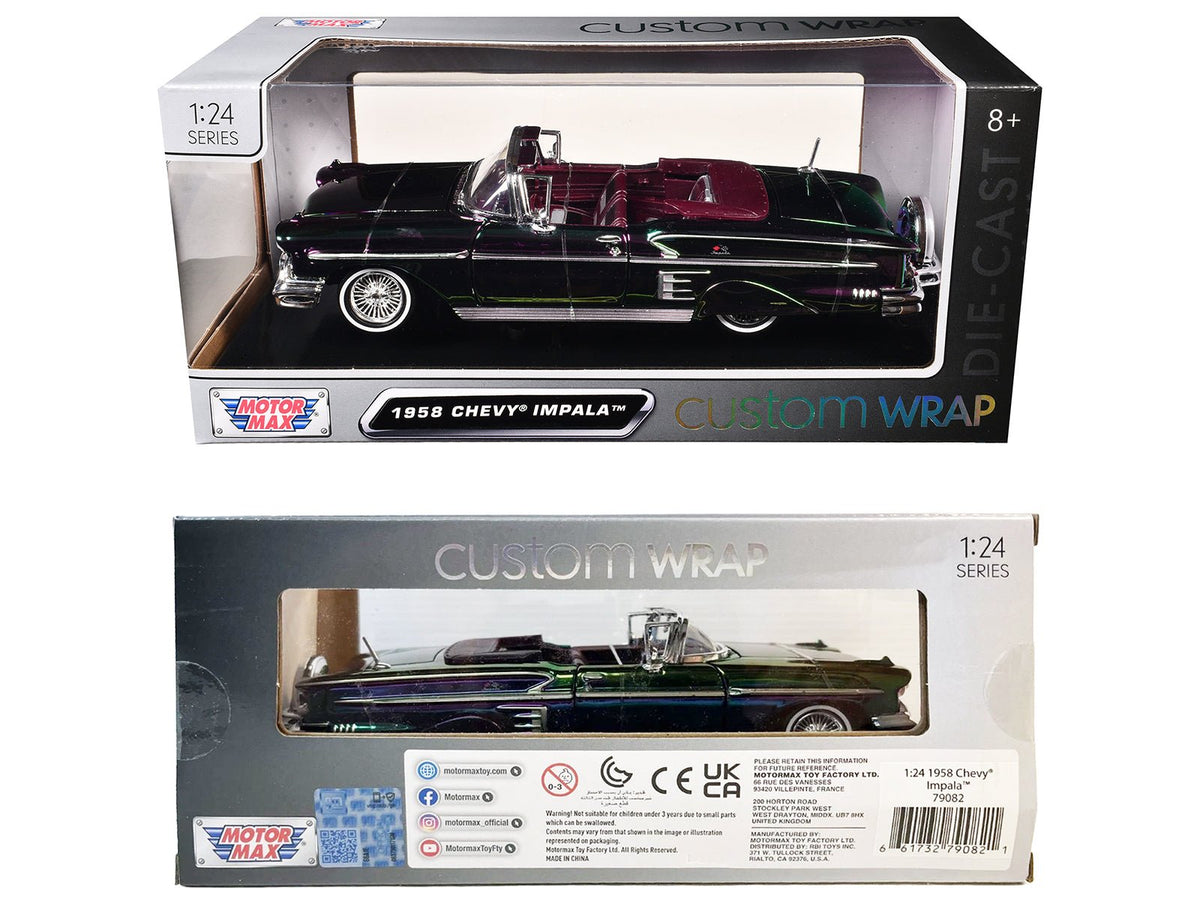 1958 Chevrolet Impala Green and Purple Chrome "Custom Wrap" Series 1/24 Diecast Model Car by Motormax-Motormax-ModelCars.com